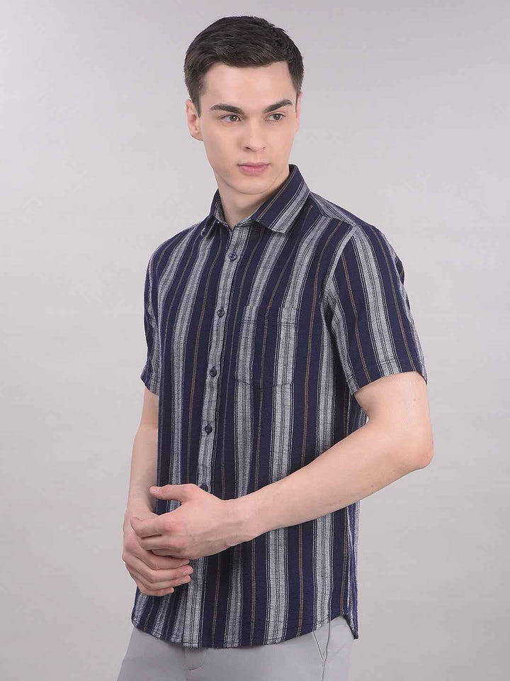 100% Cotton Navy Blue Vertical Stripes Shirt