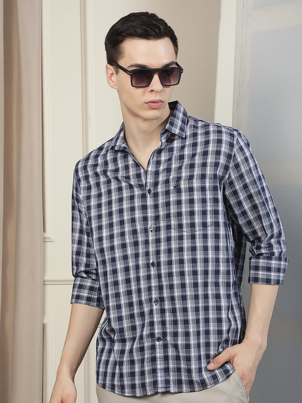 Navy Blue Checked 100% Cotton Shirt