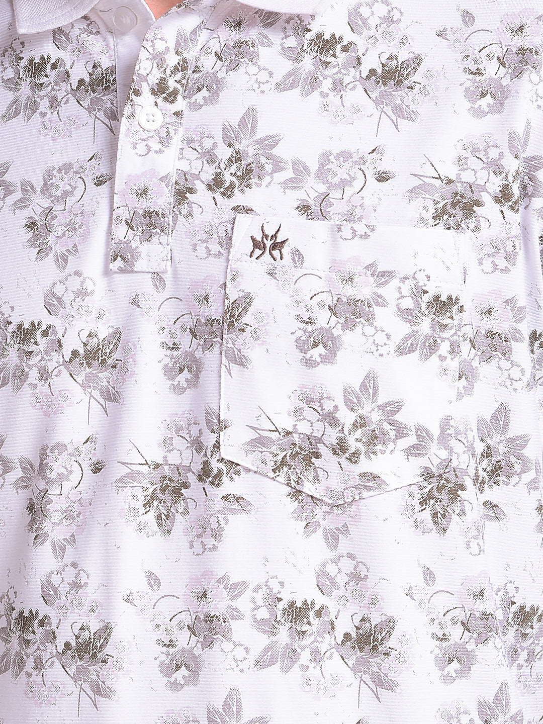 White Floral Print Polo Neck T-Shirt