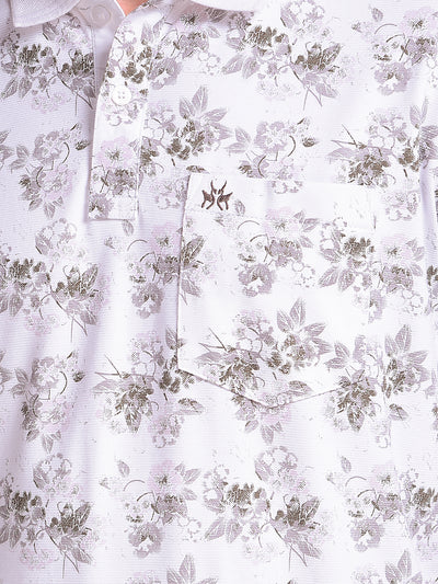 White Floral Print Polo Neck T-Shirt