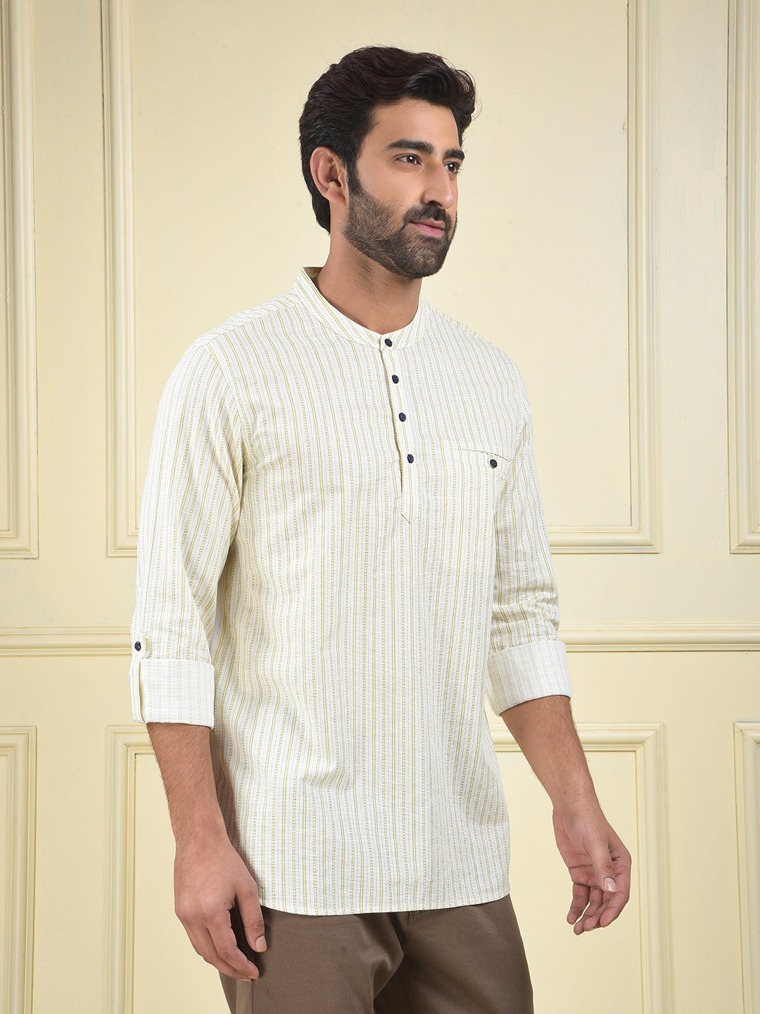 Olive Vertical Stripes Knitted Kurta
