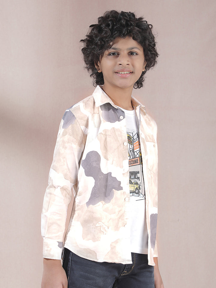 Beige Abstract Print Shirt & T-Shirt Set
