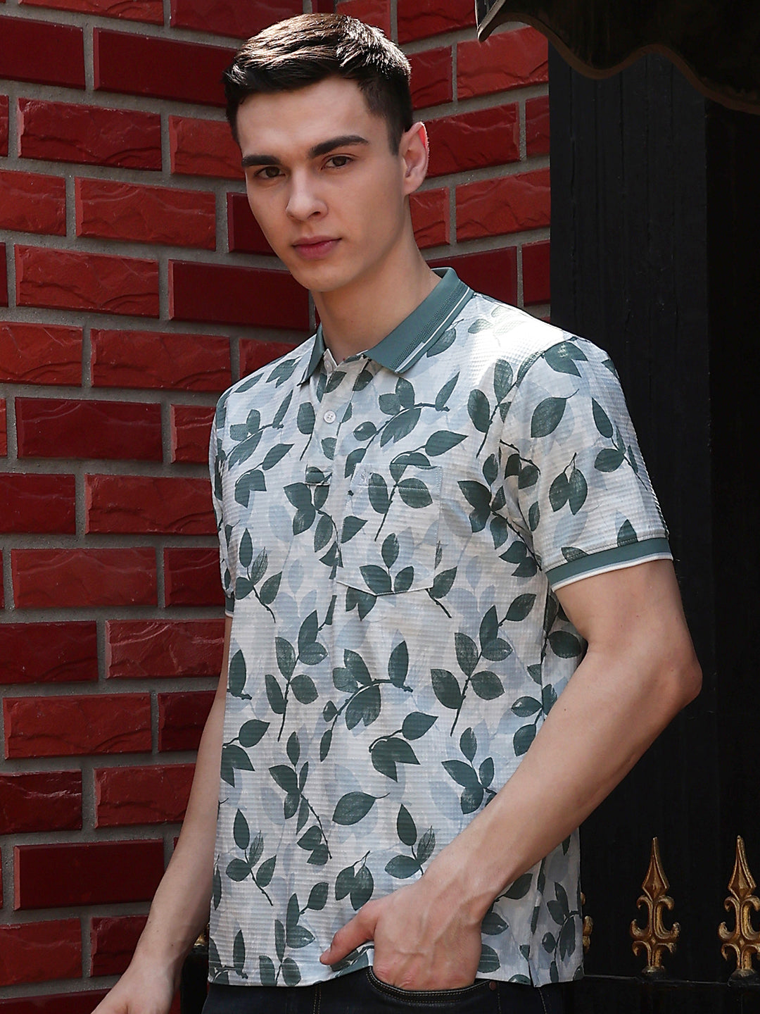 Blue Floral Print Polo Neck T-Shirt