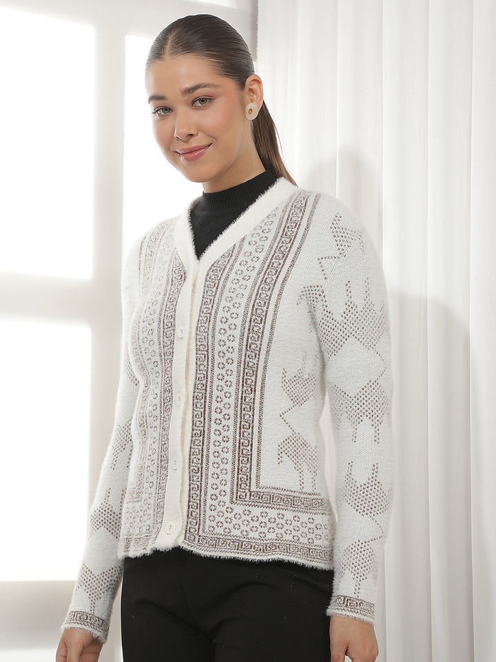Off White Jacquard V-Neck Cardigan