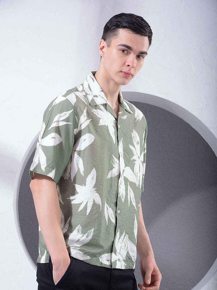 Green Floral Print Resort-Collar Shirt