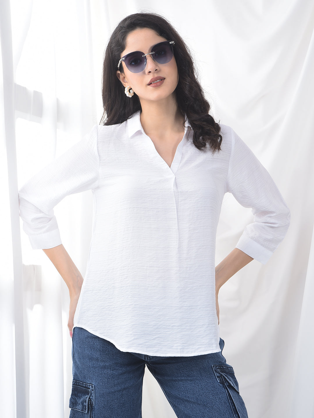 Ivory White Crinkled Textured Relaxed Fit Top