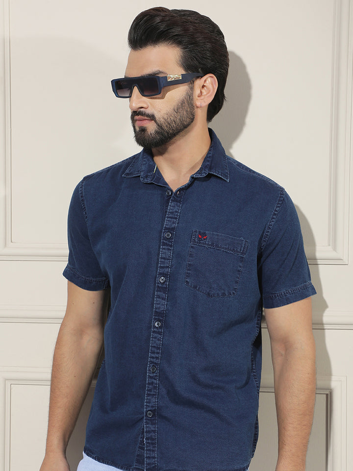 Navy Blue 100% Cotton Denim Shirt