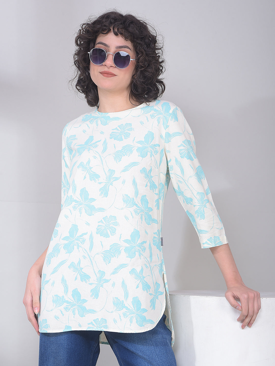 Blue Floral Print Linen Top