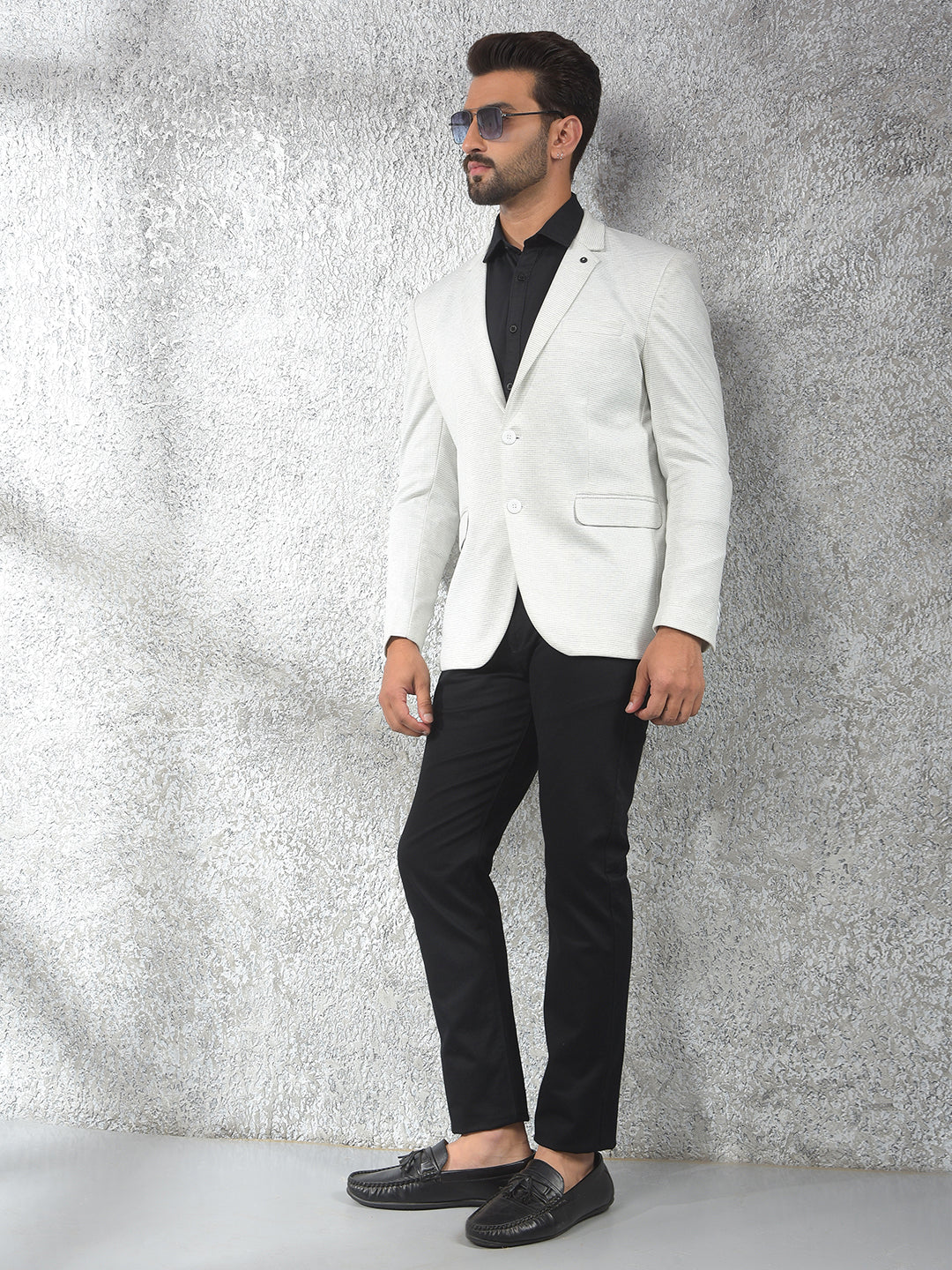 Off White Printed Notched Lapel Single-Breasted Blazer