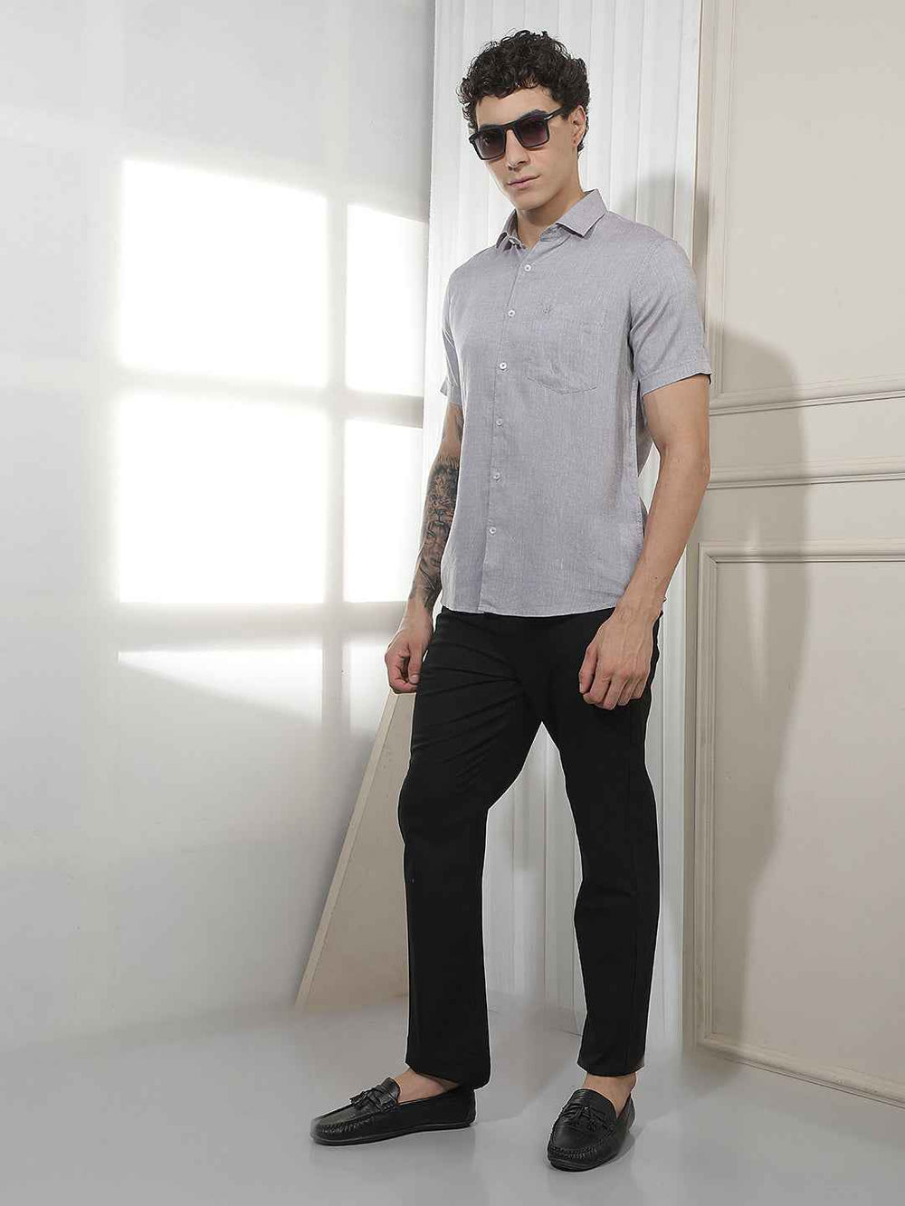 Black Textured Cotton Trousers