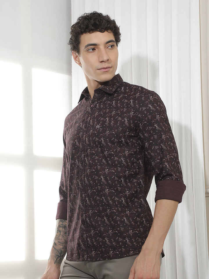 wine Floral Print Shirt