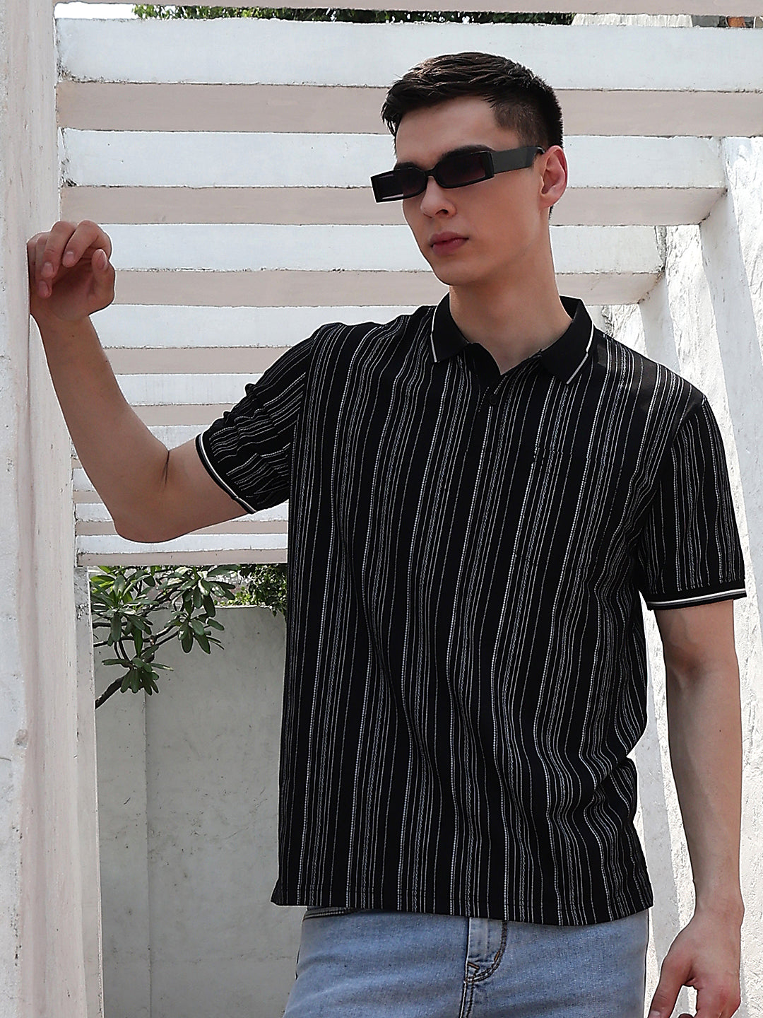 Black Vertical Stripes Polo Neck T-Shirt