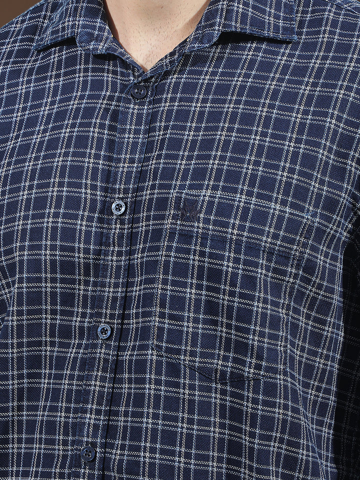 Navy Blue 100% Cotton Checked Shirt