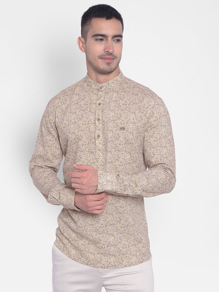 Beige Printed Kurta-Men Jeans-Crimsoune Club