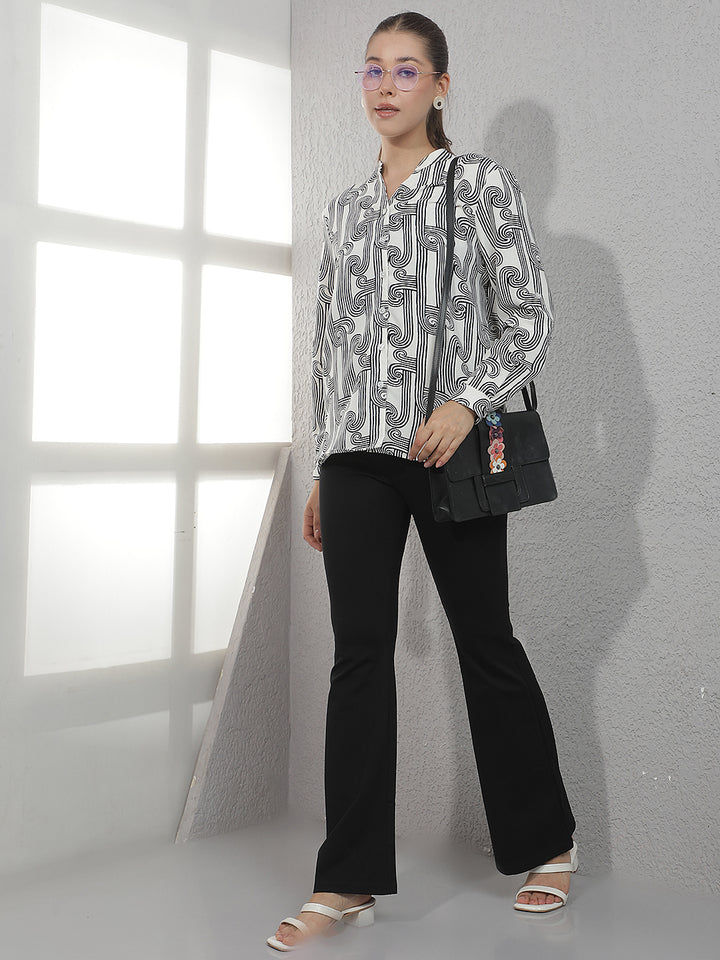 White Printed V-Neck Shirt