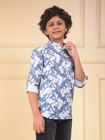 Blue Floral Print Linen Kurta