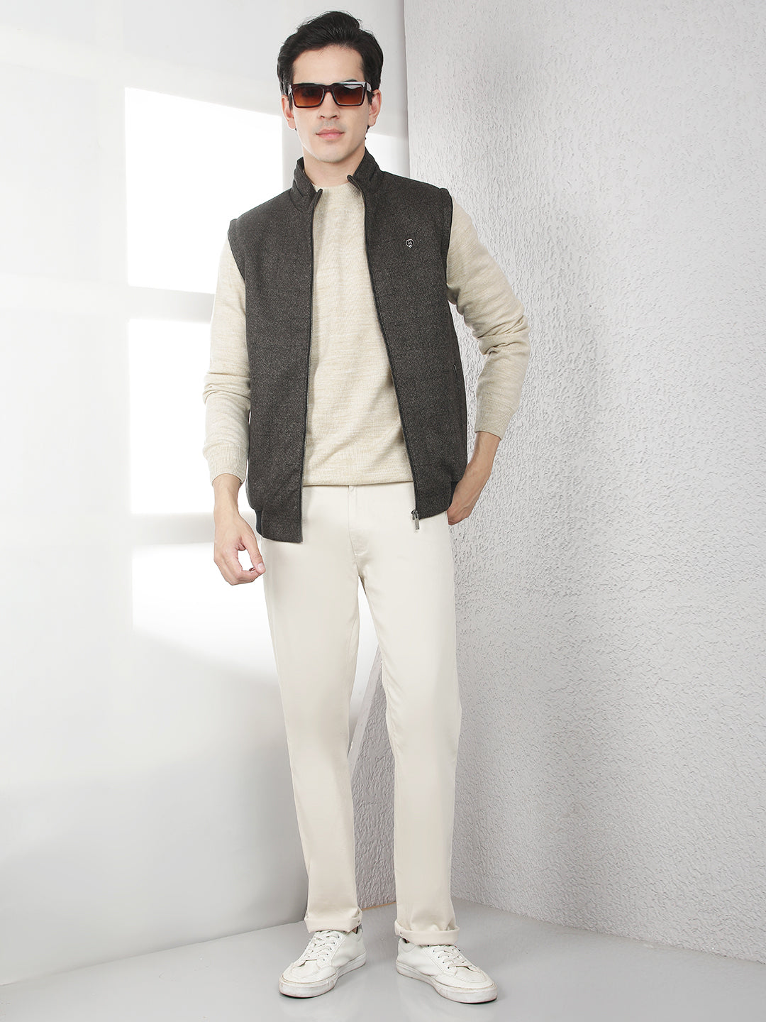 Brown Jacquard Sleeveless Jacket