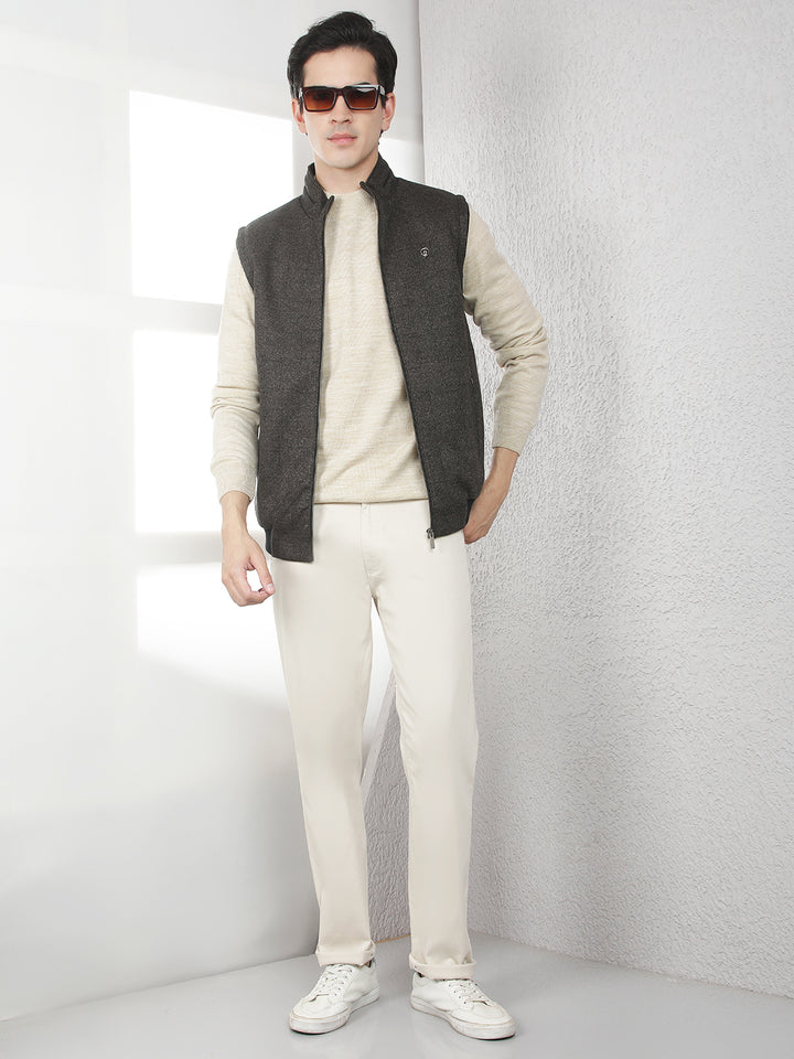 Brown Jacquard Sleeveless Jacket