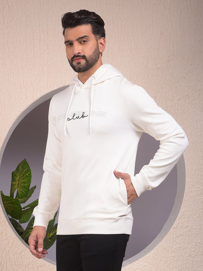 Off White Embroidered Hooded Neck Sweatshirt