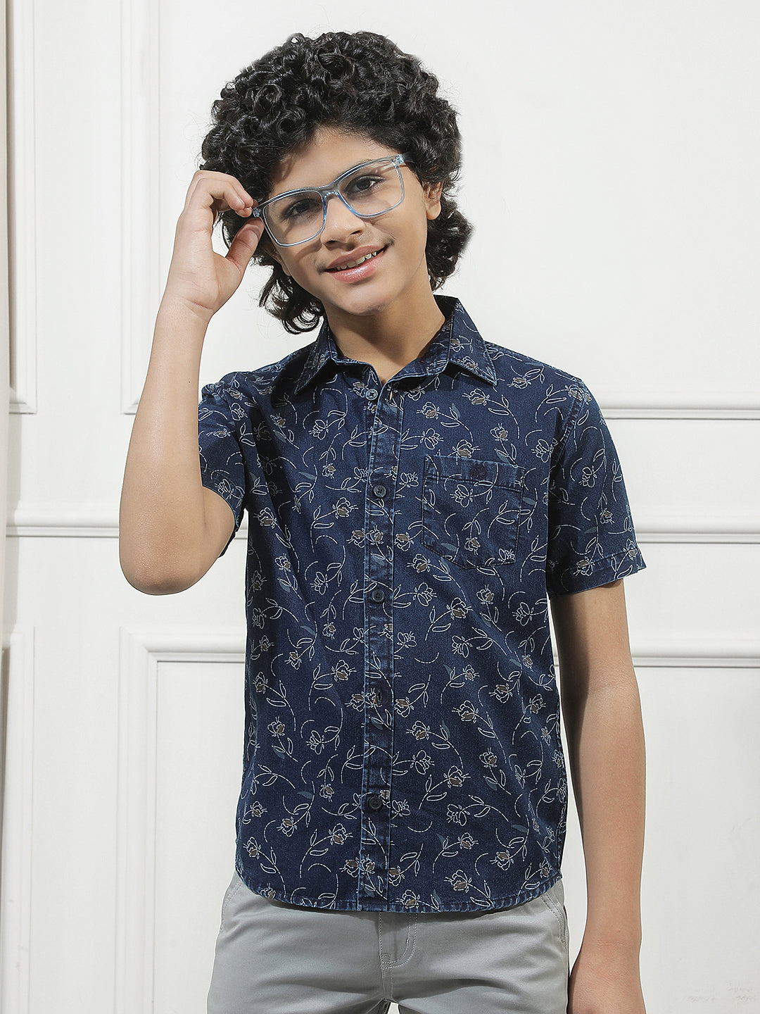 Navy Blue 100% Cotton Floral Print Shirt
