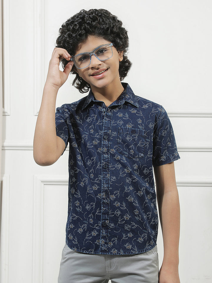 Navy Blue 100% Cotton Floral Print Shirt