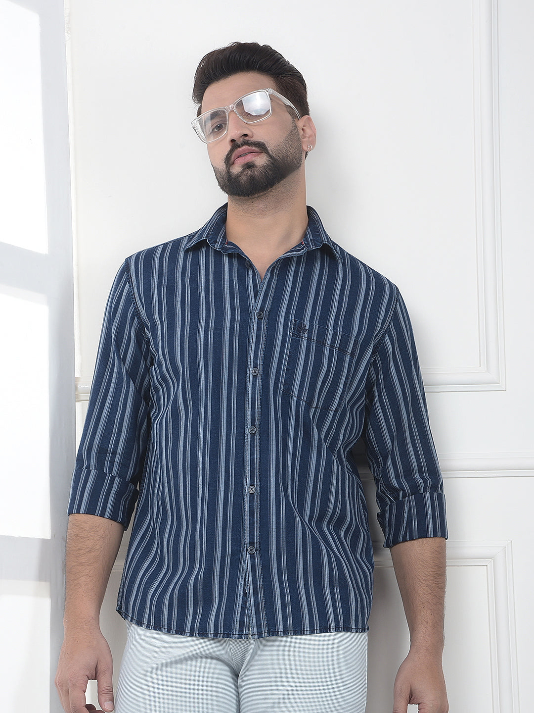 Navy Blue Vertical Striped 100% Cotton Shirt