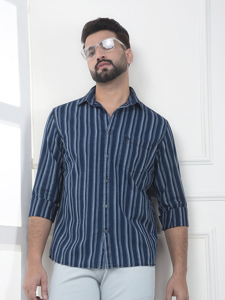 Navy Blue Vertical Striped 100% Cotton Shirt