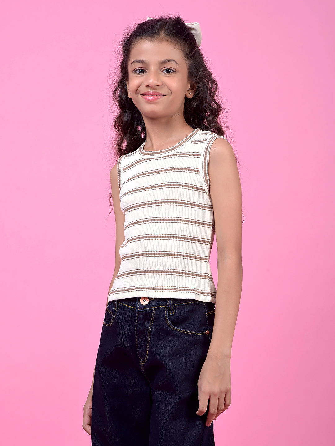 Brown Horizontal Stripes Sleeveless T-Shirt