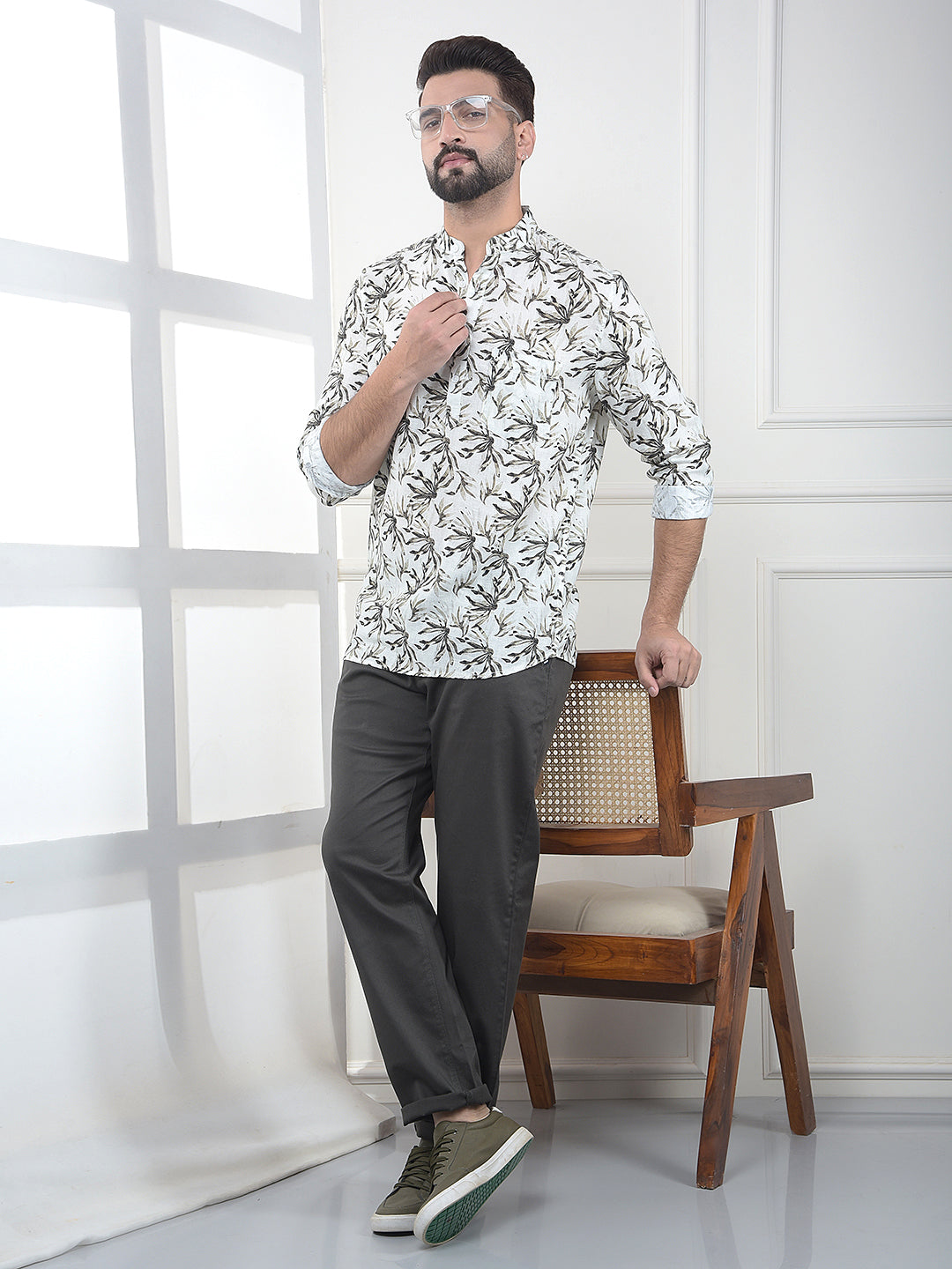 Olive Floral Printed Linen Kurta
