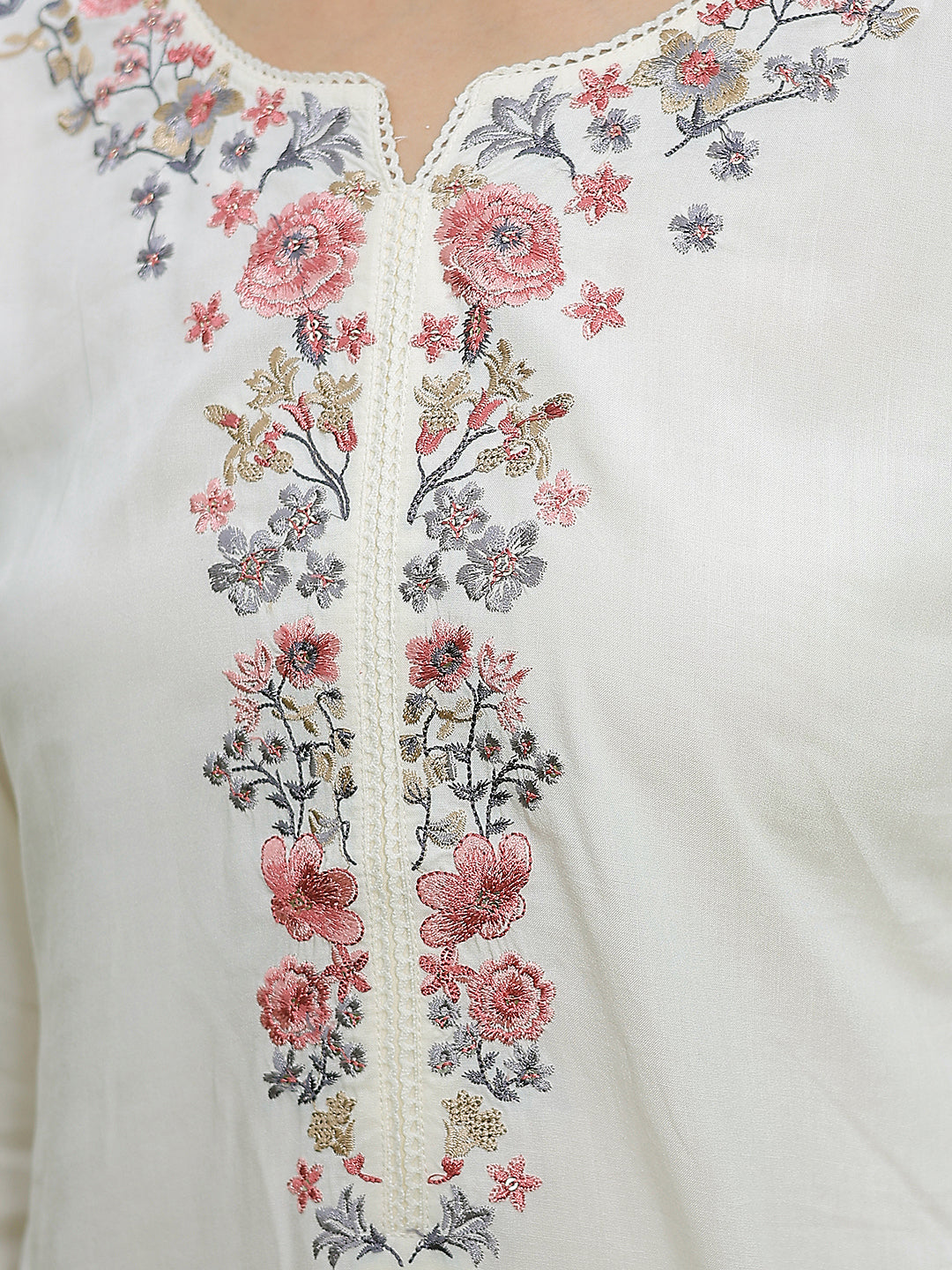 White Embroidered Crew Neck Top
