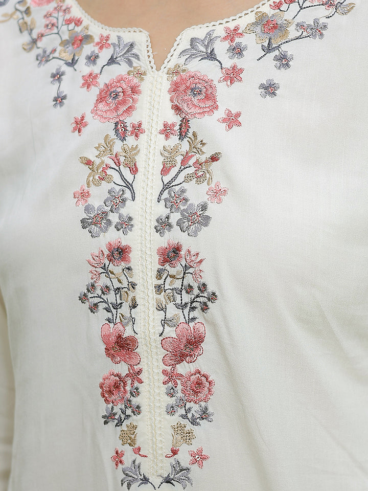 White Embroidered Crew Neck Top