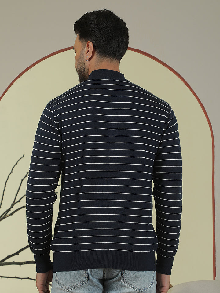 Navy Blue Horizontal Stripes Mock Neck Sweater