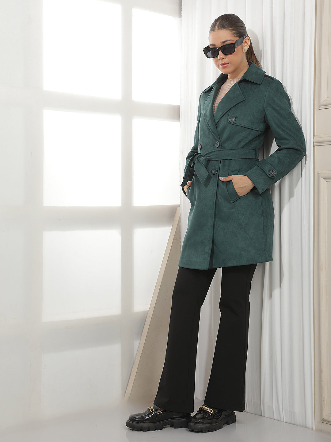 Green Mid-Thigh Trench Coat With Belt