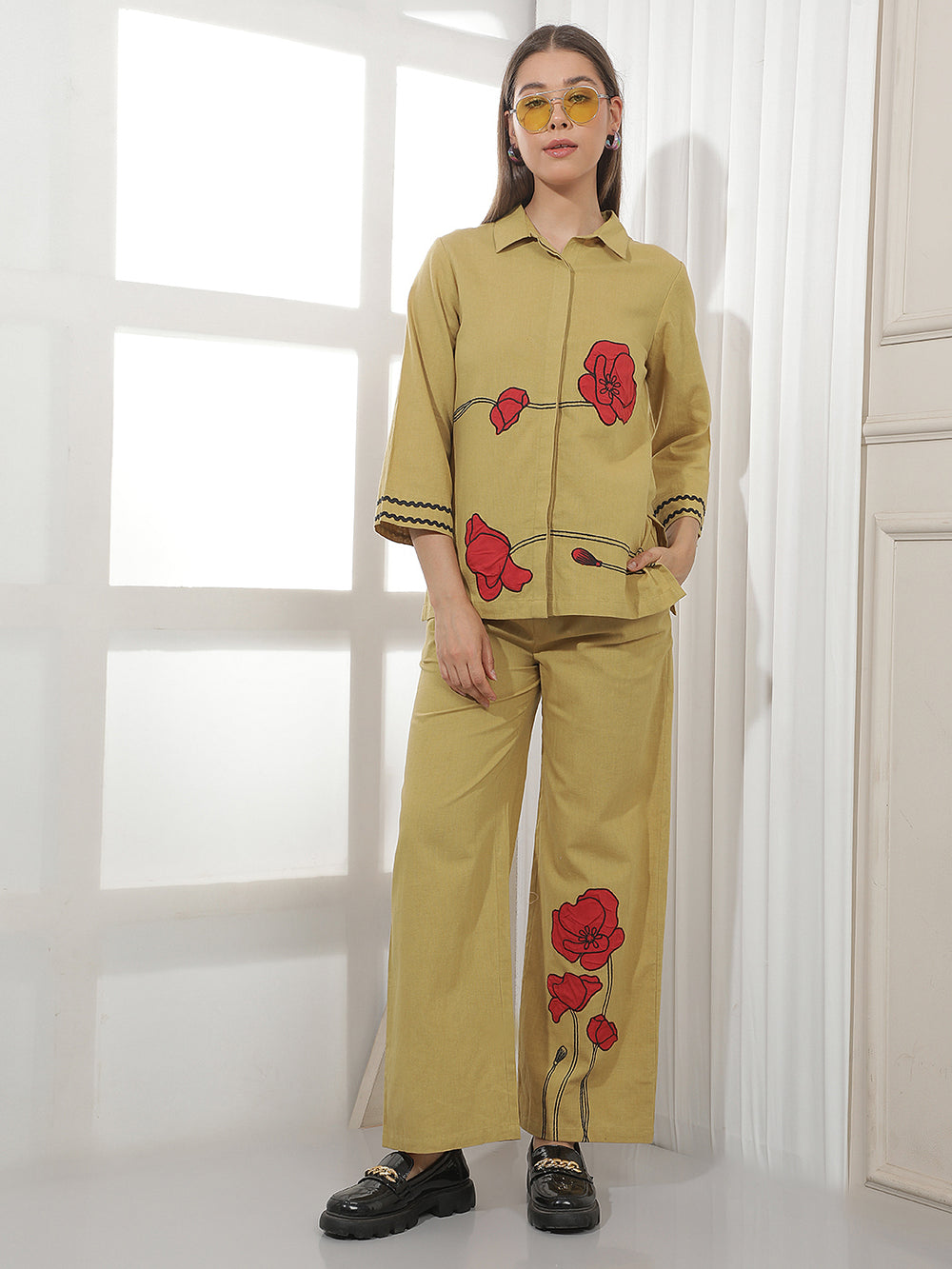 Beige Floral Embroidered Shirt