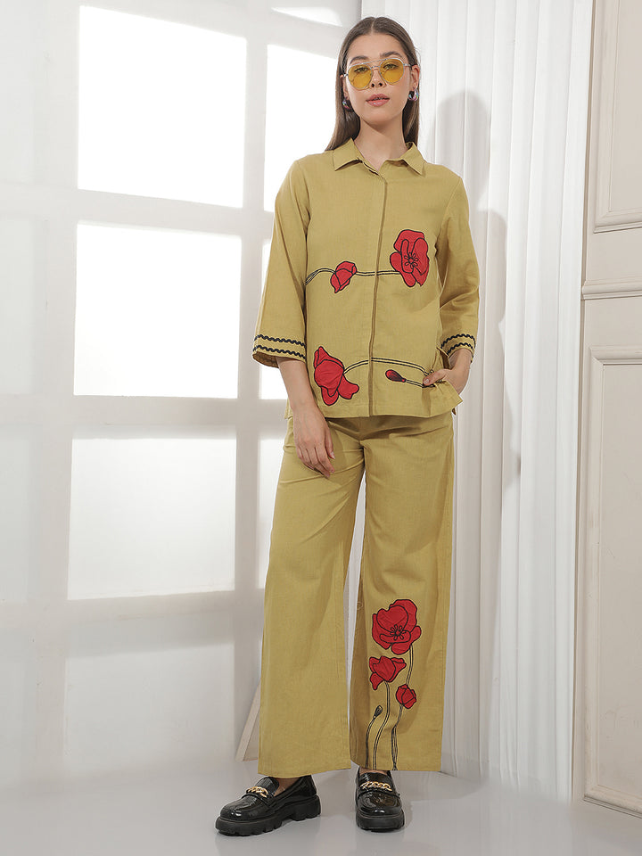 Beige Floral Embroidered Shirt
