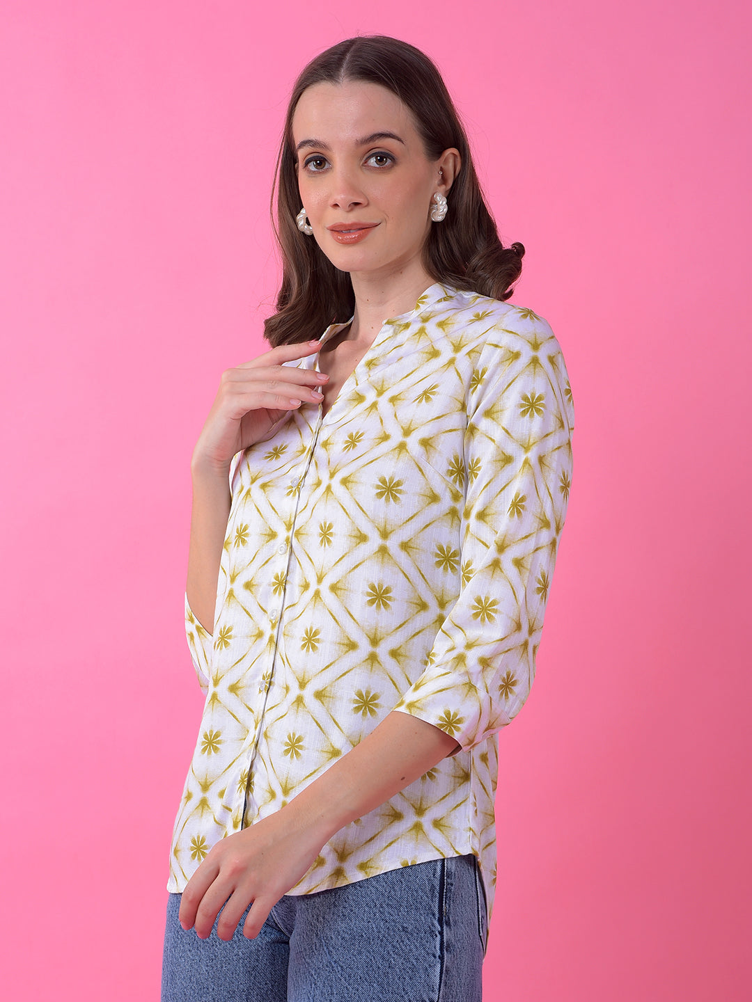 Olive Floral Print V-Neck Shirt