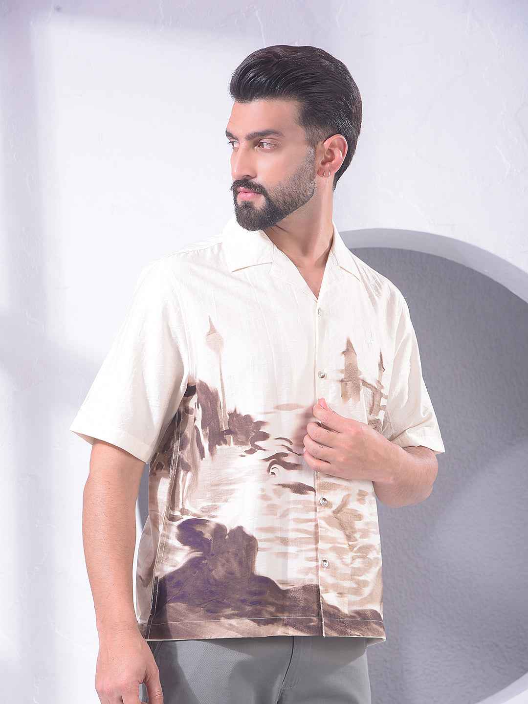 Olive Printed Resort-Collar Shirt