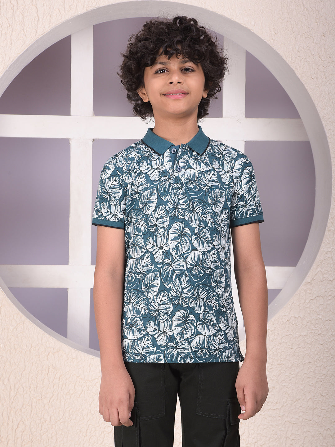 Green Floral Print Polo Neck T-Shirt