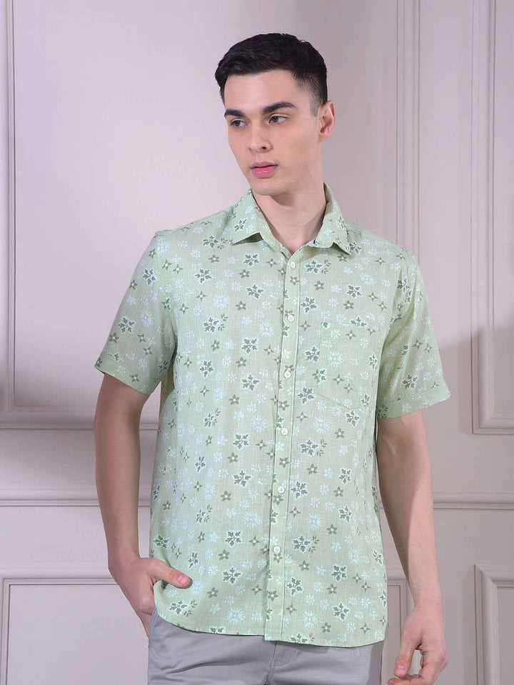 Green Linen Floral Print Shirt