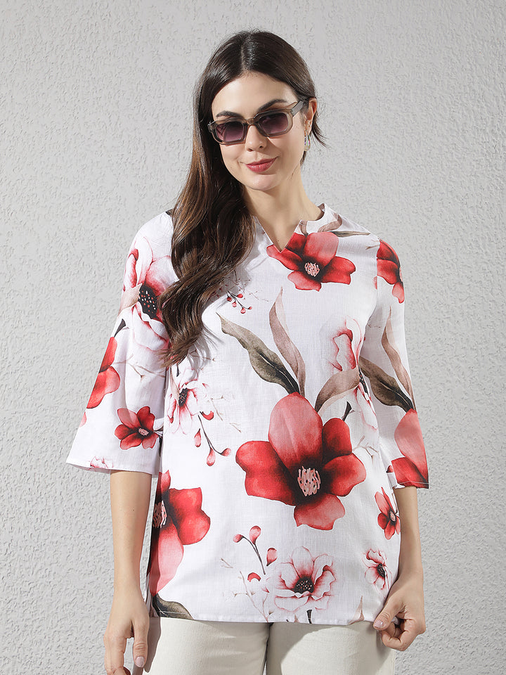 Red Floral Print Oversize Linen Top