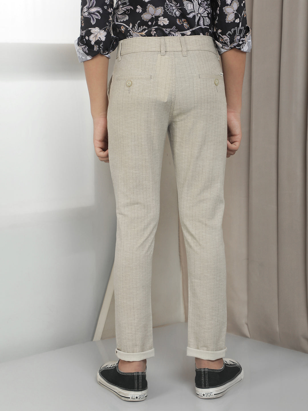 Beige Cotton Striped Stretchable Trousers