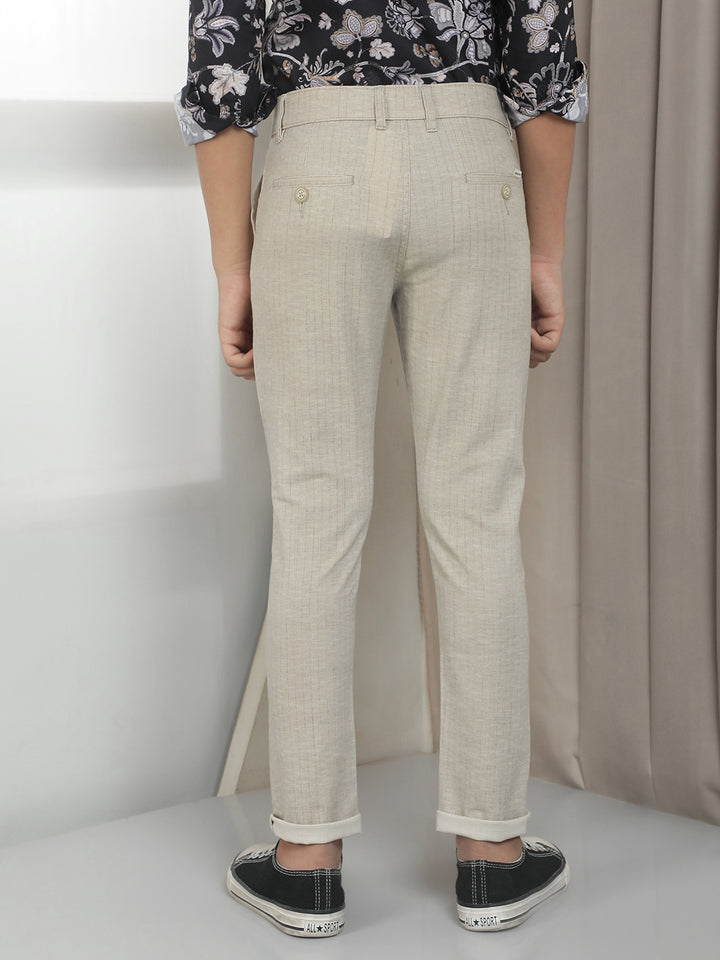 Beige Cotton Striped Stretchable Trousers
