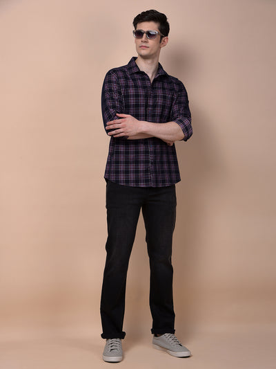 Navy Blue Checked 100% Cotton Corduroy Shirt