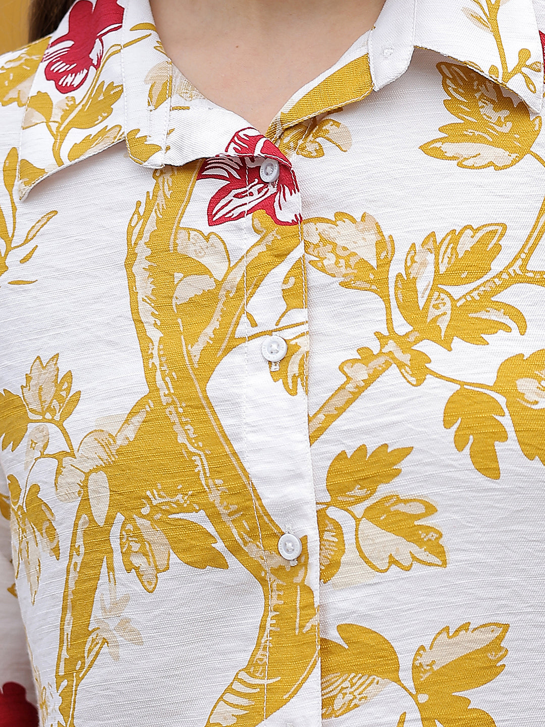 Mustard Floral Print Mid-Thigh Length Shirt