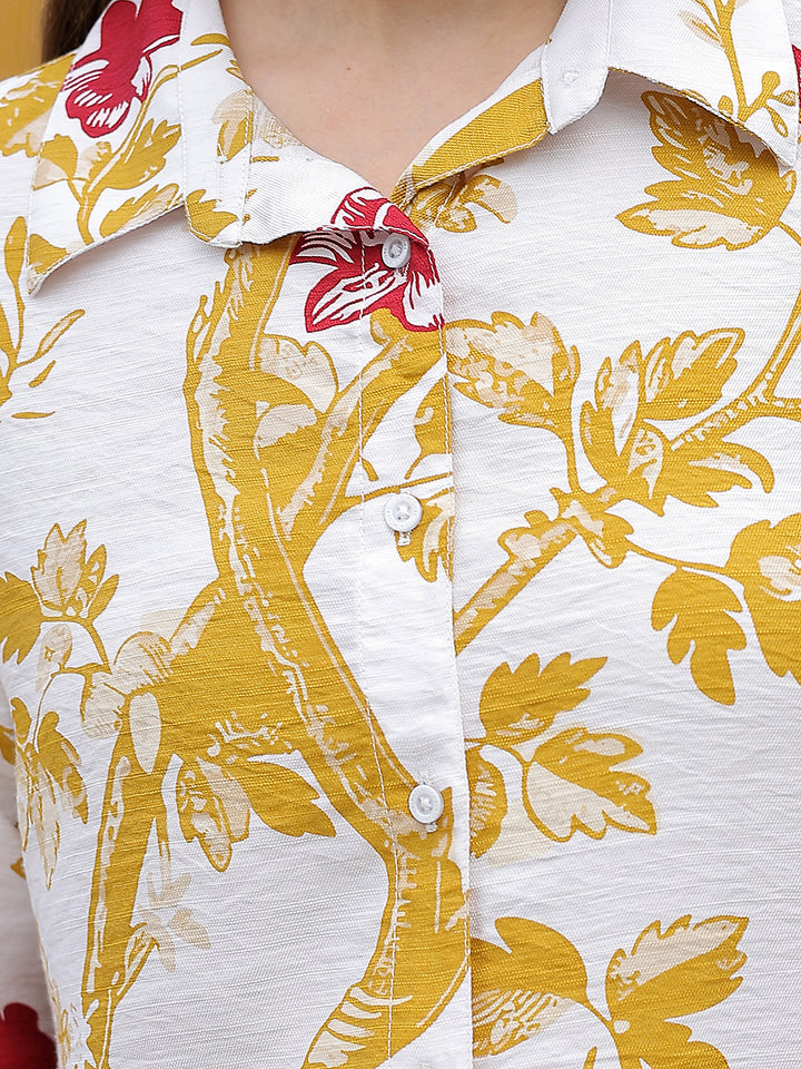 Mustard Floral Print Mid-Thigh Length Shirt
