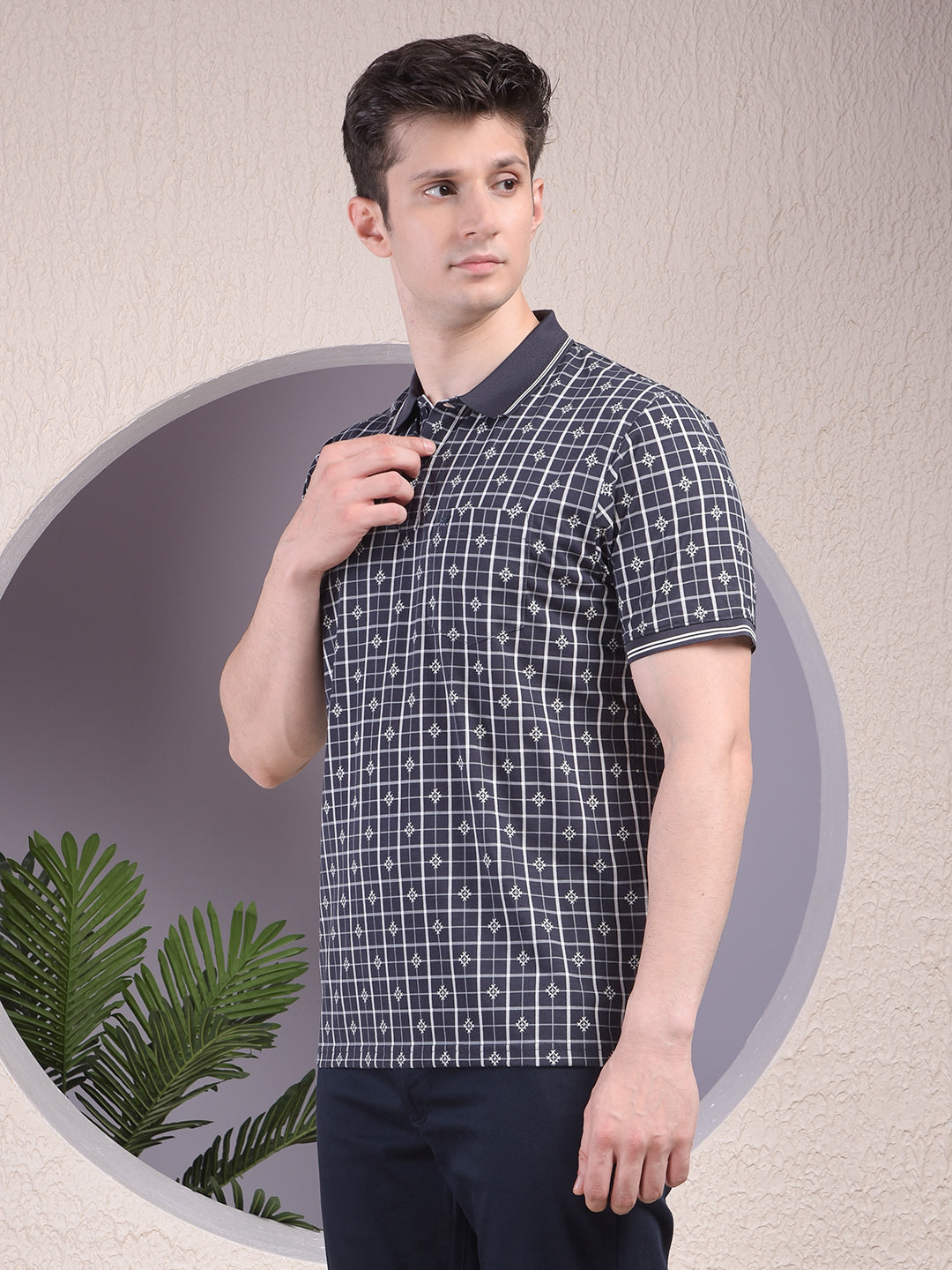 Navy Blue Printed Polo-Neck T-Shirt