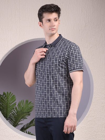 Navy Blue Printed Polo-Neck T-Shirt