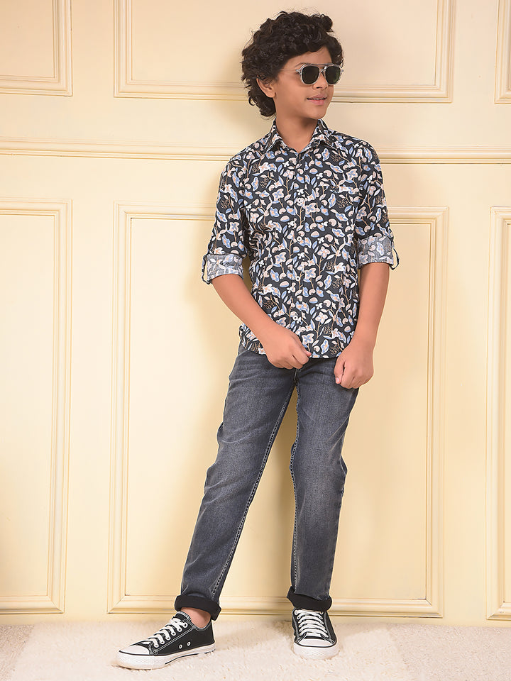 Navy Blue Floral Print Shirt