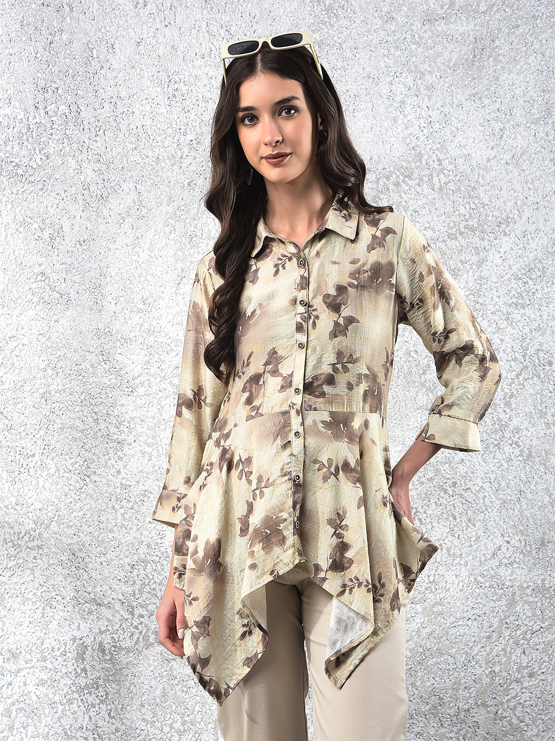 Green Floral Print Mid-Thigh Length Top