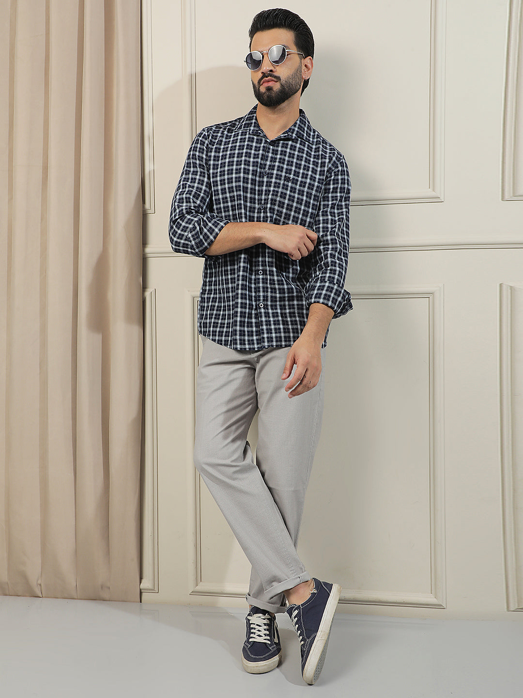 Navy Blue 100% Cotton Checked Shirt